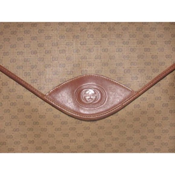 Gucci Vintage Brown Leather Envelope Clutch Small G Logo Print Coated Canvas - Picture 11 of 12